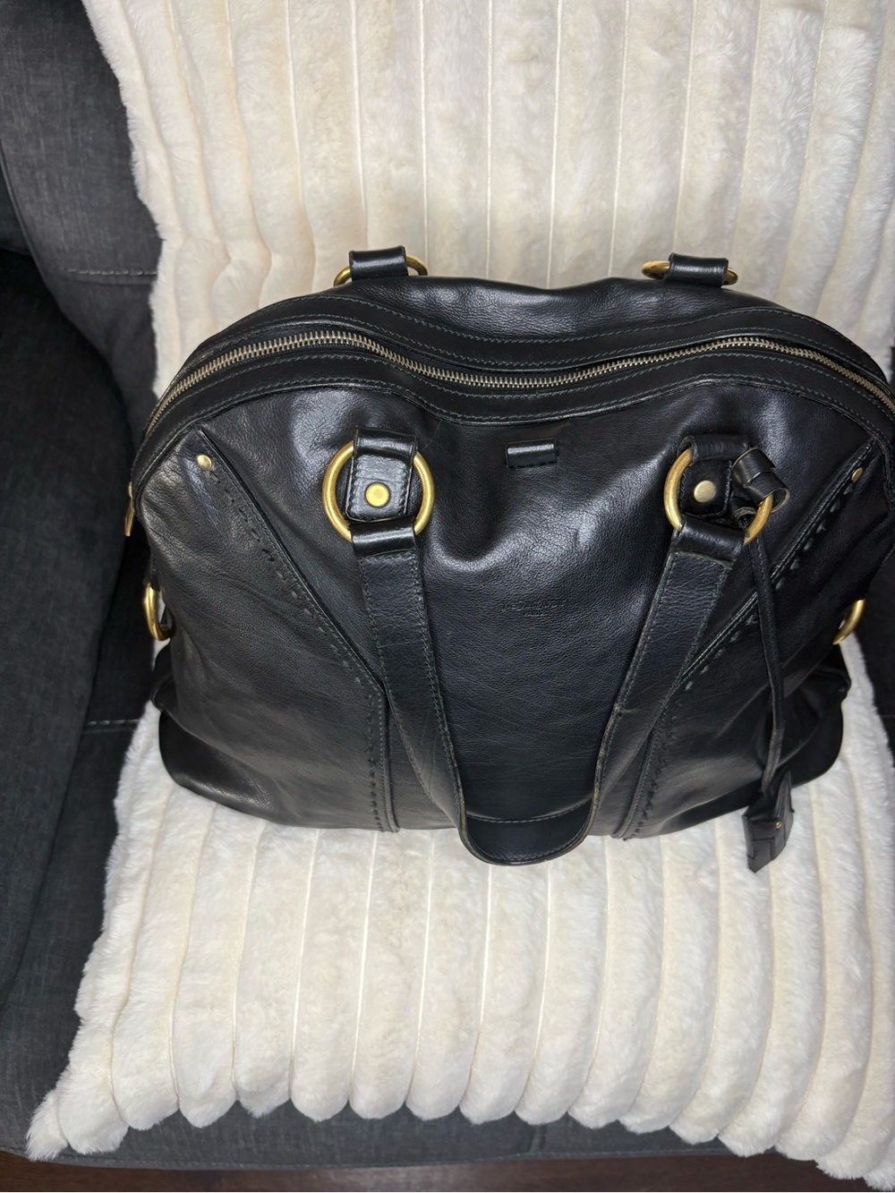 Authentic Yves Saint Laurent Rive Gauche Black Leather Bowler Duffel Bag YSL